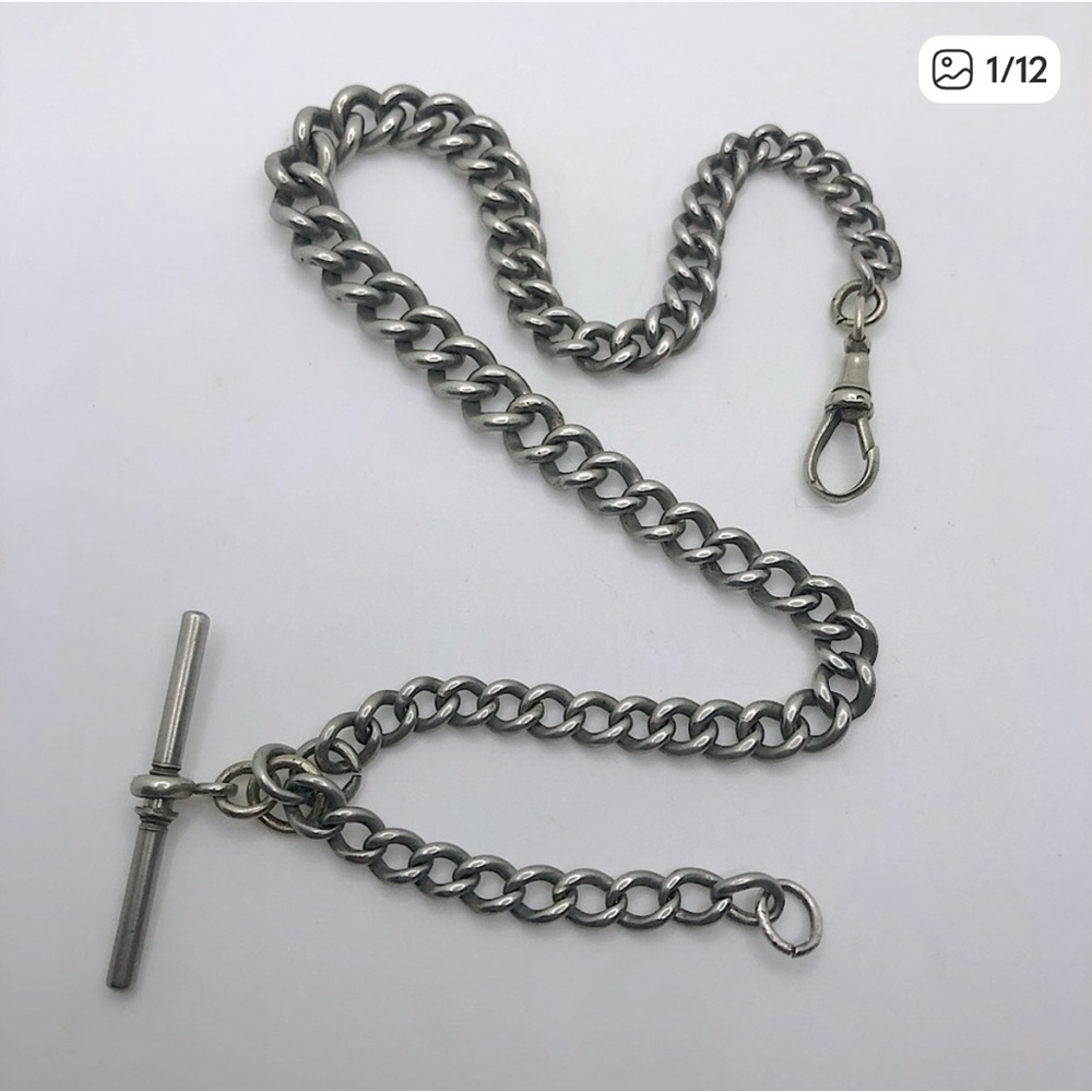 Antique Sterling Silver Dog Clip Graduated Watch Fob Chain NCR Co 15” / 35g